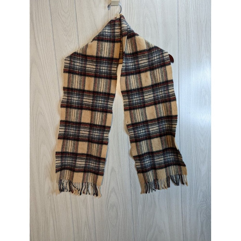 Johnstons Scarf 100% Lambswool Fringe Made In Scotland Tan Plaid READ